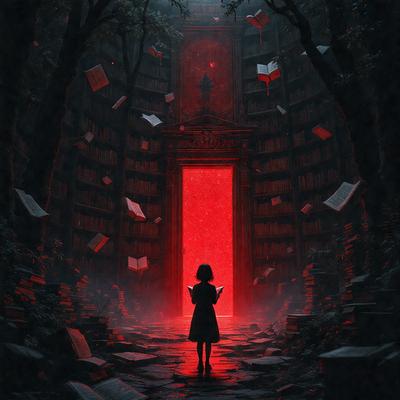 The primary subject of the image is a young girl standing in front of a large red door. The setting is a library, as evidenced by the numerous books surrounding her. The visual style is a digital art, creating a surreal and dramatic atmosphere. The dominant colors are red and black, with the red door and the girl's dress adding a striking contrast to the scene.